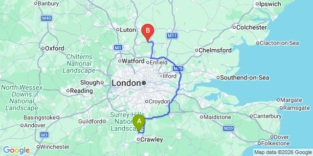 Map: London Gatwick Airport (LGW) to Hertford