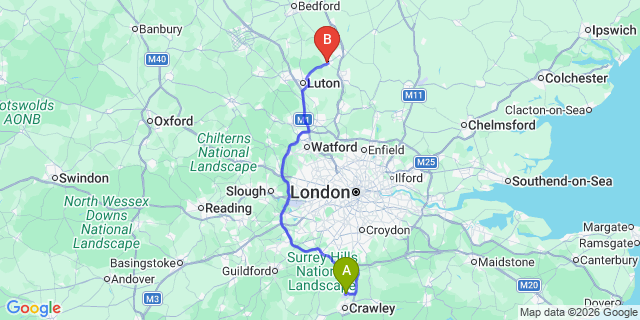 Map: London Gatwick Airport (LGW) to Hitchin