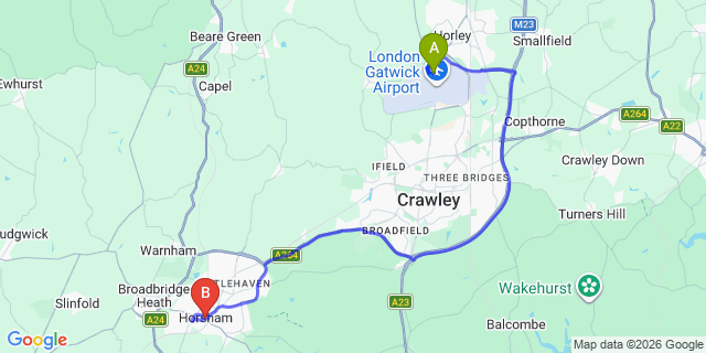 Map: London Gatwick Airport (LGW) to Horsham
