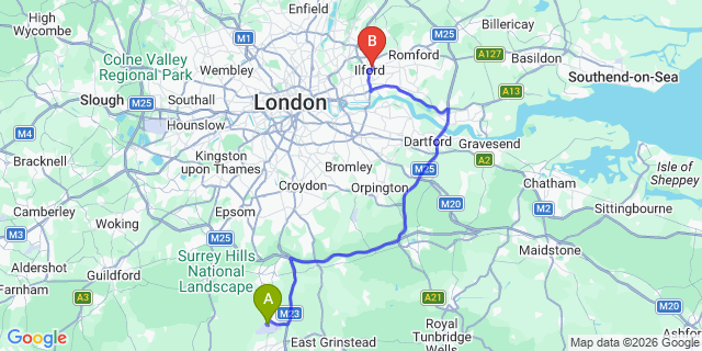 Map: London Gatwick Airport (LGW) to IG1 Ilford