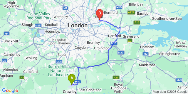 Map: London Gatwick Airport (LGW) to IG11 Barking