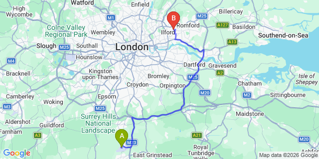 Map: London Gatwick Airport (LGW) to IG3 Ilford
