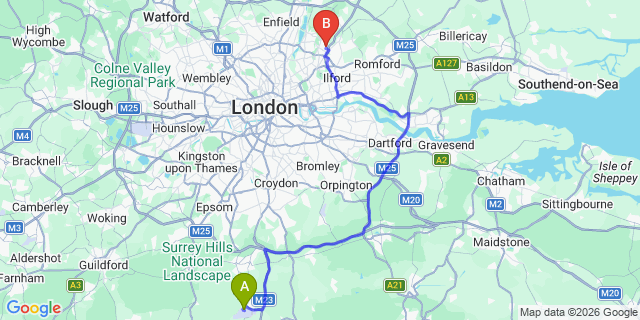 Map: London Gatwick Airport (LGW) to IG8 Woodford Green