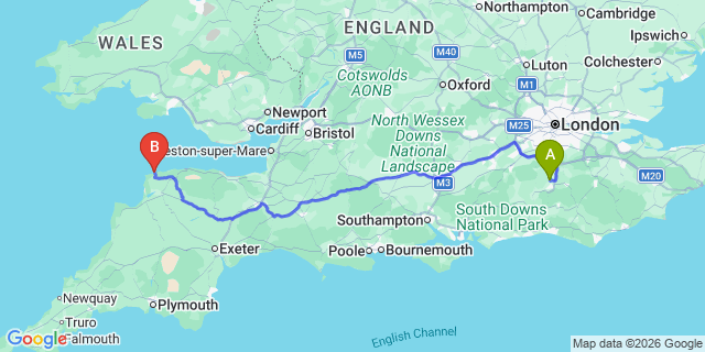 Map: London Gatwick Airport (LGW) to Ilfracombe