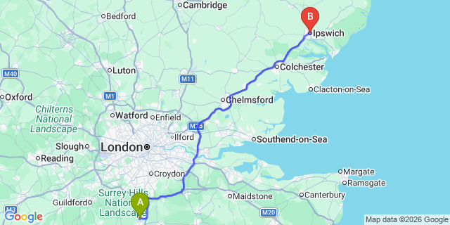 Map: London Gatwick Airport (LGW) to Ipswich