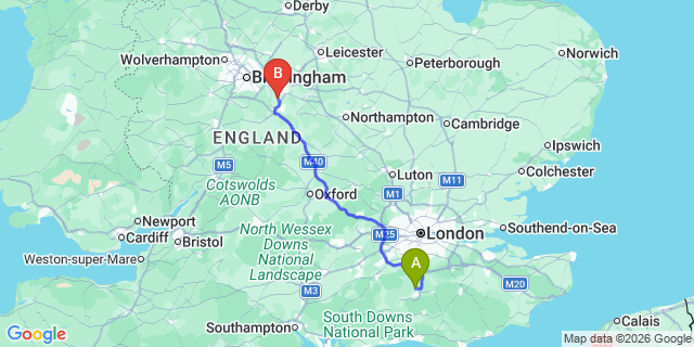 Map: London Gatwick Airport (LGW) to Kenilworth