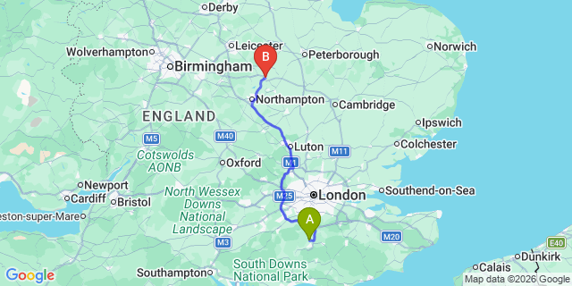 Map: London Gatwick Airport (LGW) to Kettering