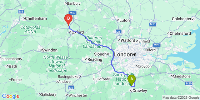 Map: London Gatwick Airport (LGW) to Kidlington
