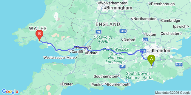 Map: London Gatwick Airport (LGW) to Kidwelly