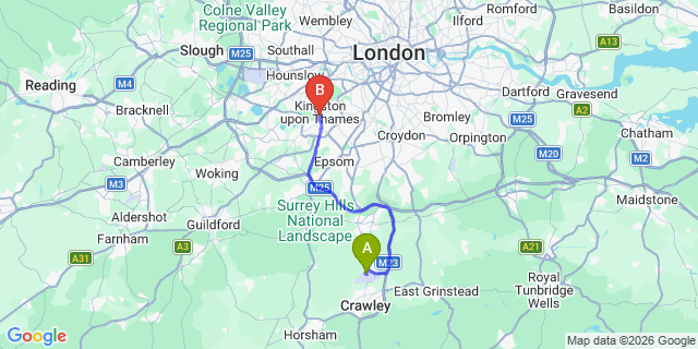 Map: London Gatwick Airport (LGW) to KT1 Kingston upon Thames