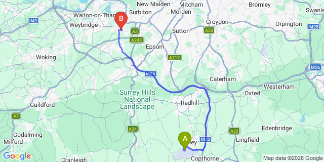 Map: London Gatwick Airport (LGW) to KT10 Esher