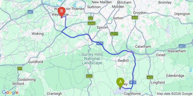 Map: London Gatwick Airport (LGW) to KT13 Weybridge