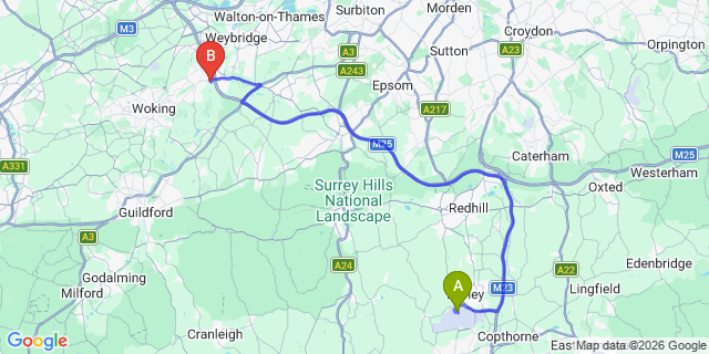 Map: London Gatwick Airport (LGW) to KT14 West Byfleet