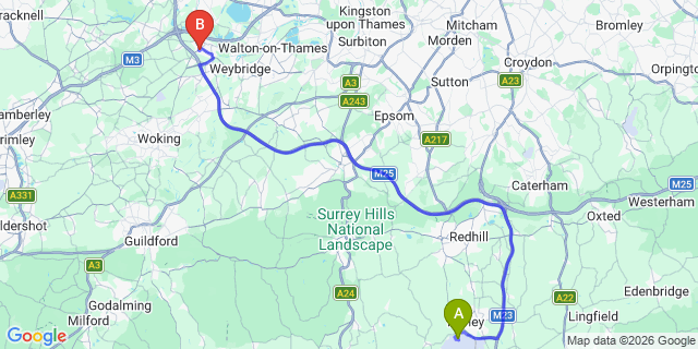 Map: London Gatwick Airport (LGW) to KT16 Chertsey