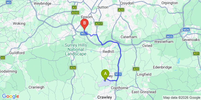 Map: London Gatwick Airport (LGW) to KT18 Epsom