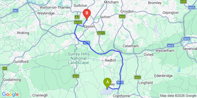 Map: London Gatwick Airport (LGW) to KT19 Epsom