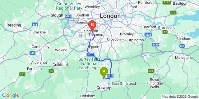 Map: London Gatwick Airport (LGW) to KT2 Kingston upon Thames