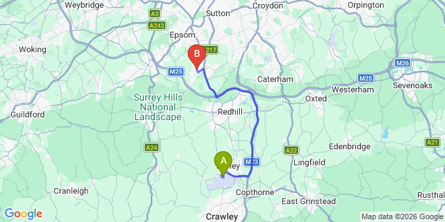 Map: London Gatwick Airport (LGW) to KT20 Tadworth
