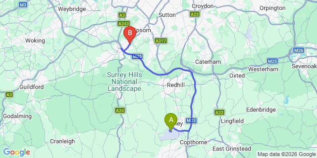 Map: London Gatwick Airport (LGW) to KT21 Ashtead