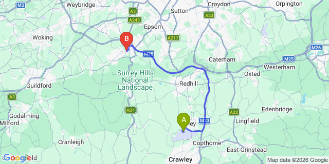 Map: London Gatwick Airport (LGW) to KT22 Leatherhead