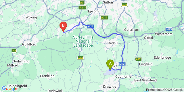 Map: London Gatwick Airport (LGW) to KT24 Leatherhead