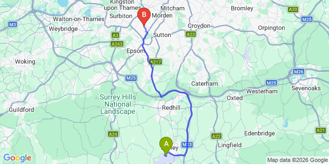 Map: London Gatwick Airport (LGW) to KT4 Worcester Park
