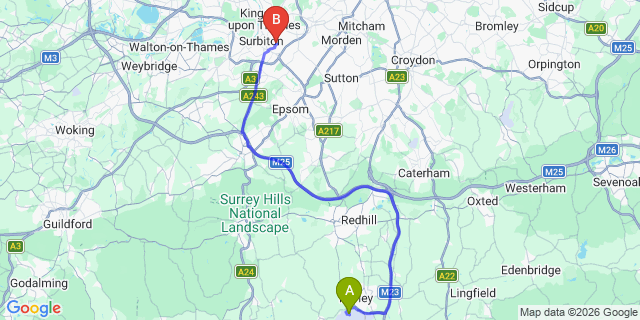 Map: London Gatwick Airport (LGW) to KT5 Surbiton