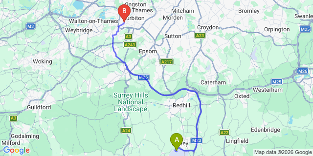 Map: London Gatwick Airport (LGW) to KT7 Thames Ditton