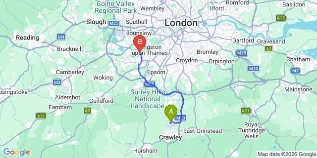 Map: London Gatwick Airport (LGW) to KT8 West Molesey