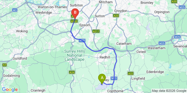 Map: London Gatwick Airport (LGW) to KT9 Chessington