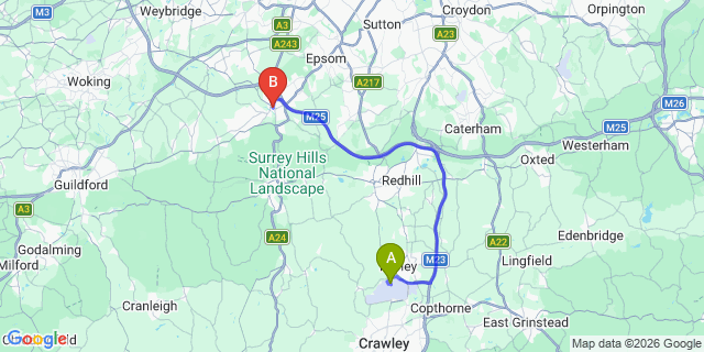 Map: London Gatwick Airport (LGW) to Leatherhead