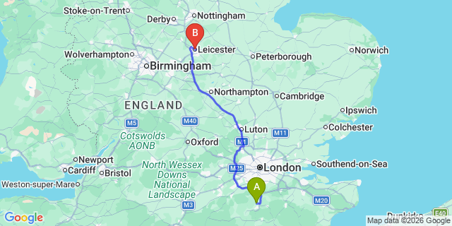 Map: London Gatwick Airport (LGW) to Leicester
