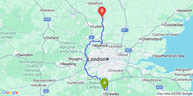 Map: London Gatwick Airport (LGW) to Letchworth