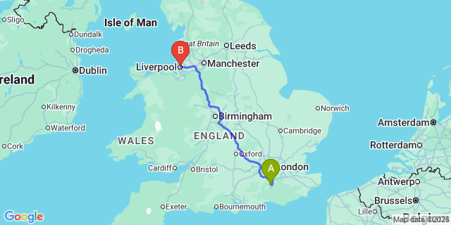 Map: London Gatwick Airport (LGW) to Liverpool