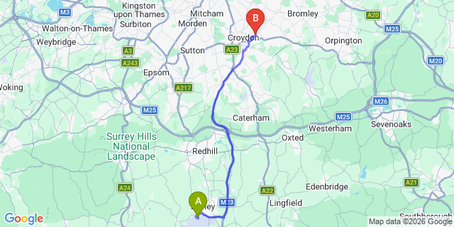 Map: London Gatwick Airport (LGW) to London - Addiscombe