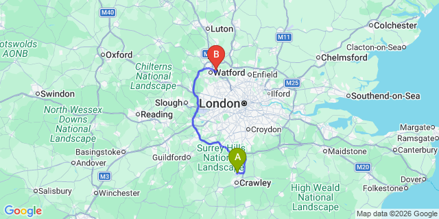 Map: London Gatwick Airport (LGW) to London - Aldenham