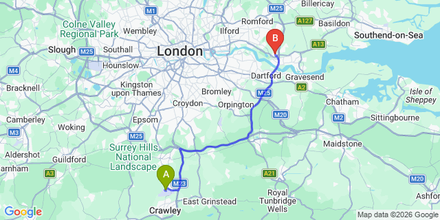 Map: London Gatwick Airport (LGW) to London - Aveley