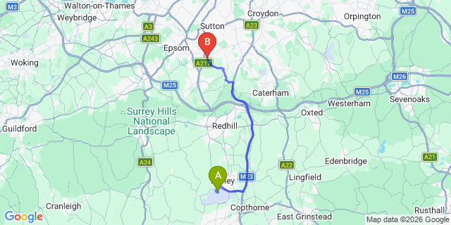 Map: London Gatwick Airport (LGW) to London - Banstead