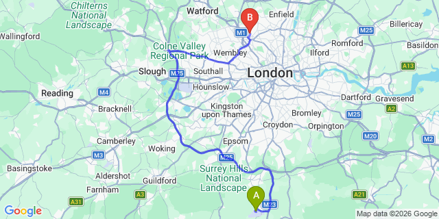 Map: London Gatwick Airport (LGW) to London - Barnet