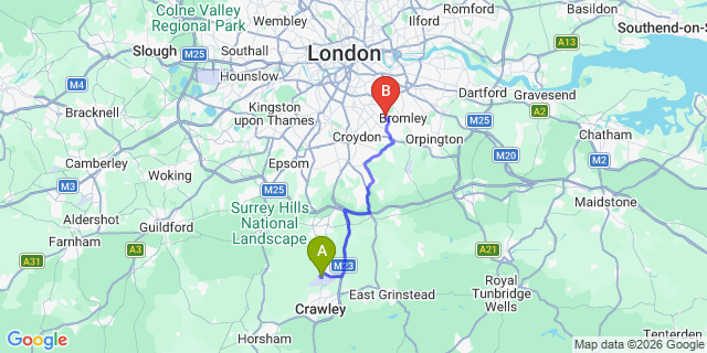 Map: London Gatwick Airport (LGW) to London - Beckenham
