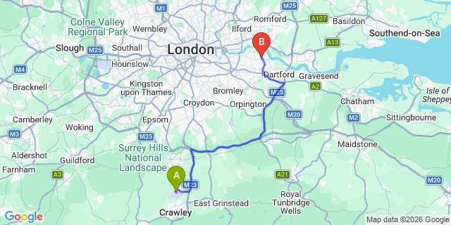 Map: London Gatwick Airport (LGW) to London - Belvedere