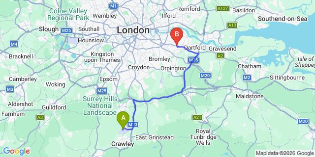 Map: London Gatwick Airport (LGW) to London - Bexley
