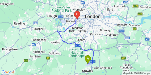 Map: London Gatwick Airport (LGW) to London - Brentford