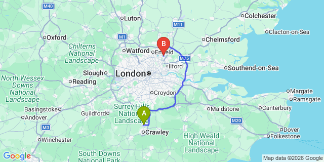 Map: London Gatwick Airport (LGW) to London - Buckhurst Hill