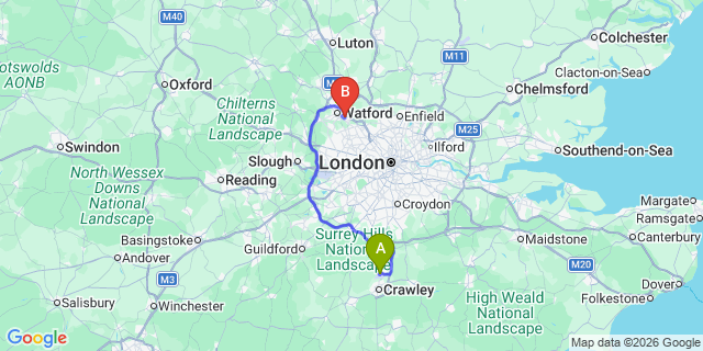 Map: London Gatwick Airport (LGW) to London - Bushey
