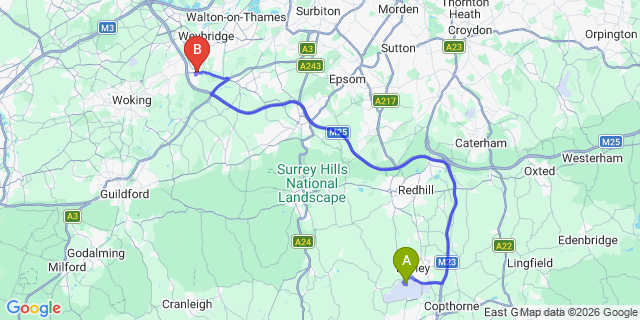 Map: London Gatwick Airport (LGW) to London - Byfleet