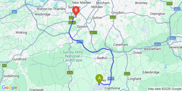 Map: London Gatwick Airport (LGW) to London - Chessington