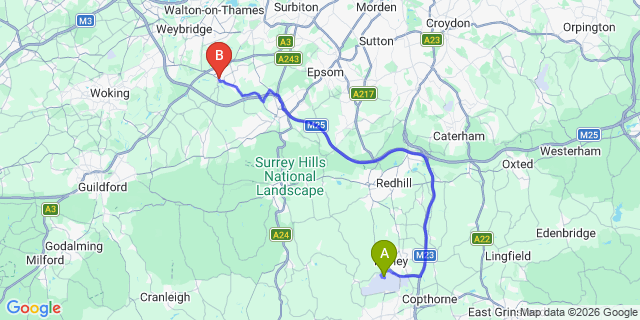 Map: London Gatwick Airport (LGW) to London - Cobham
