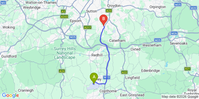 Map: London Gatwick Airport (LGW) to London - Coulsdon