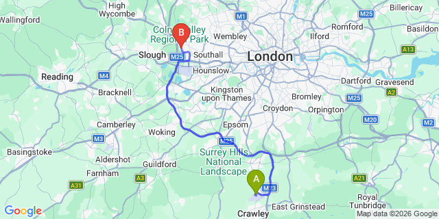 Map: London Gatwick Airport (LGW) to London - Cowley